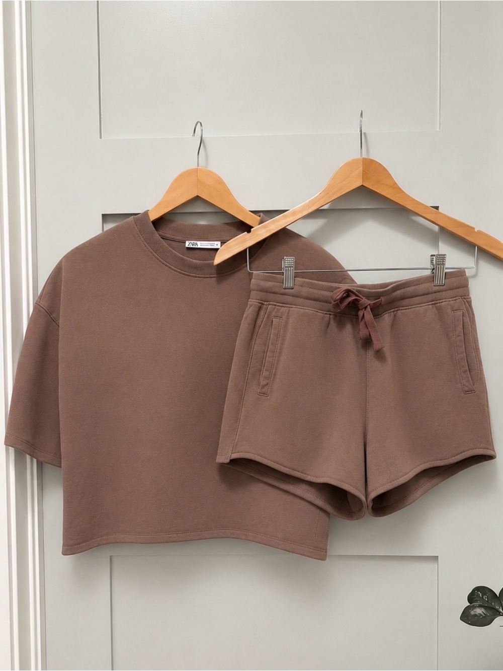 Zara Brown Cropped Tee & Drawstring Shorts Set